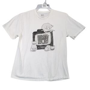 MTV Music Television & Cats White T-Shirt Women's L Cotton Crewneck Short Sleeve
